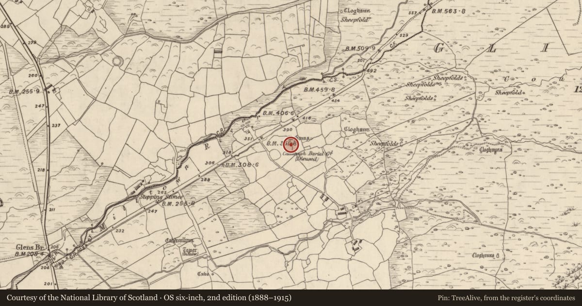 Ordnance Survey six-inch map, 2nd edition (1888–1915) covering the location of Clochan, Na Gleannta Thuaidh, County Kerry, with a pin at the register's coordinates