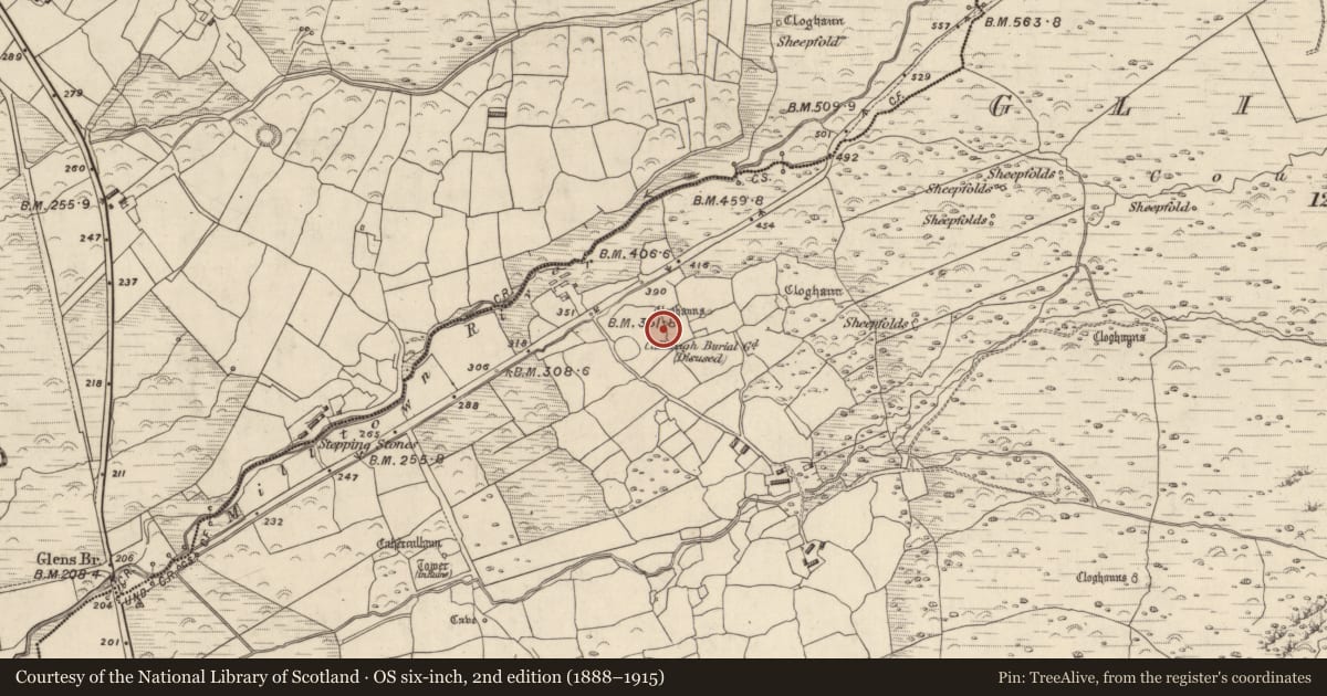 Ordnance Survey six-inch map, 2nd edition (1888–1915) covering the location of Clochan, Na Gleannta Thuaidh, County Kerry, with a pin at the register's coordinates