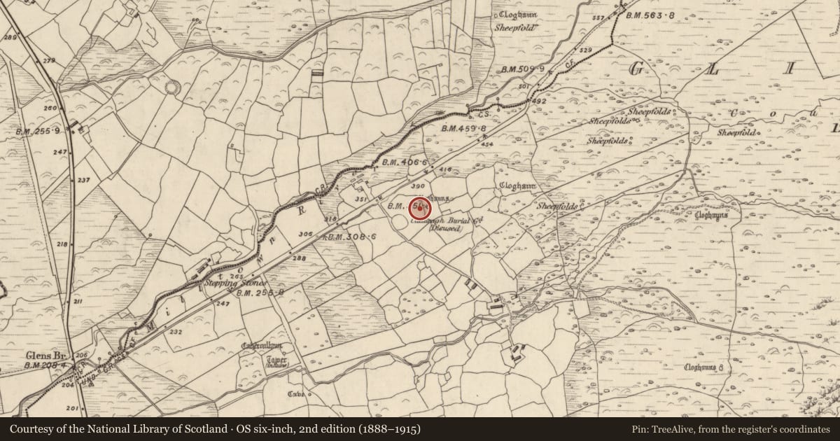 Ordnance Survey six-inch map, 2nd edition (1888–1915) covering the location of Clochan, Na Gleannta Thuaidh, County Kerry, with a pin at the register's coordinates