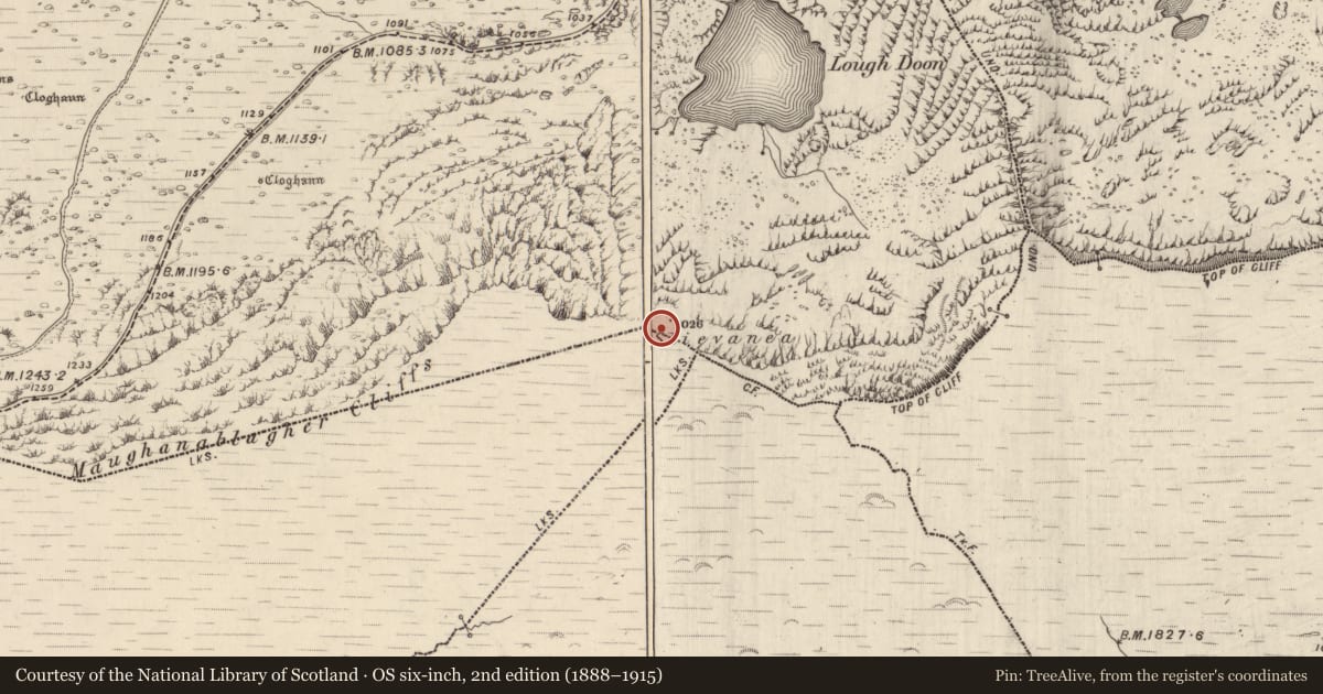 Ordnance Survey six-inch map, 2nd edition (1888–1915) covering the location of Clochan, Na Gleannta Thuaidh, County Kerry, with a pin at the register's coordinates