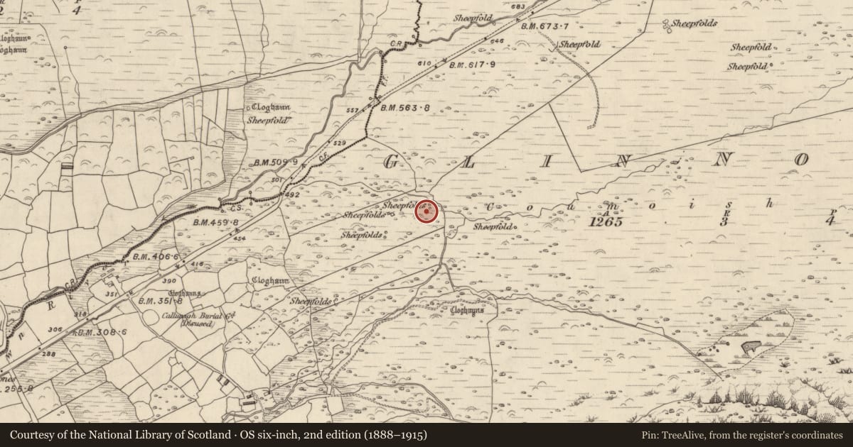 Ordnance Survey six-inch map, 2nd edition (1888–1915) covering the location of Hut site, Na Gleannta Thuaidh, County Kerry, with a pin at the register's coordinates