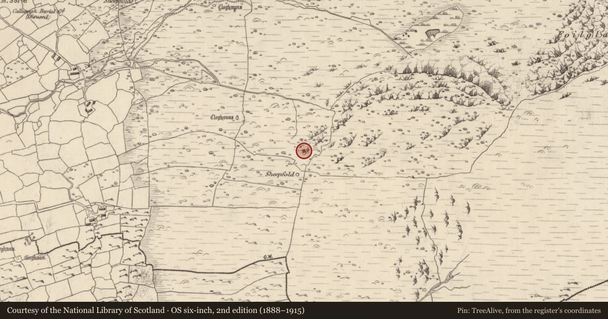 Ordnance Survey six-inch map, 2nd edition (1888–1915) covering the location of Hut site, Na Gleannta Thuaidh, County Kerry, with a pin at the register's coordinates