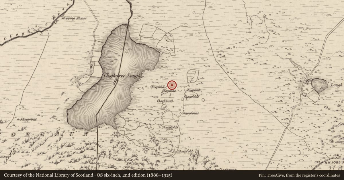 Ordnance Survey six-inch map, 2nd edition (1888–1915) covering the location of Hut site, Cloichearaí, County Kerry, with a pin at the register's coordinates