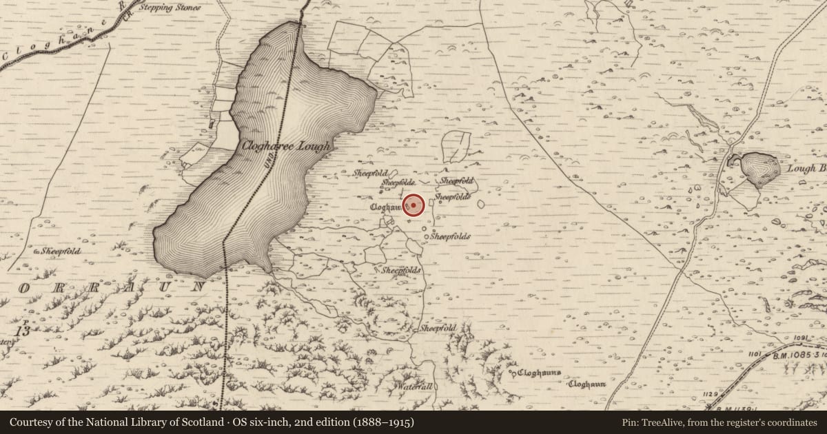 Ordnance Survey six-inch map, 2nd edition (1888–1915) covering the location of Clochan, Cloichearaí, County Kerry, with a pin at the register's coordinates