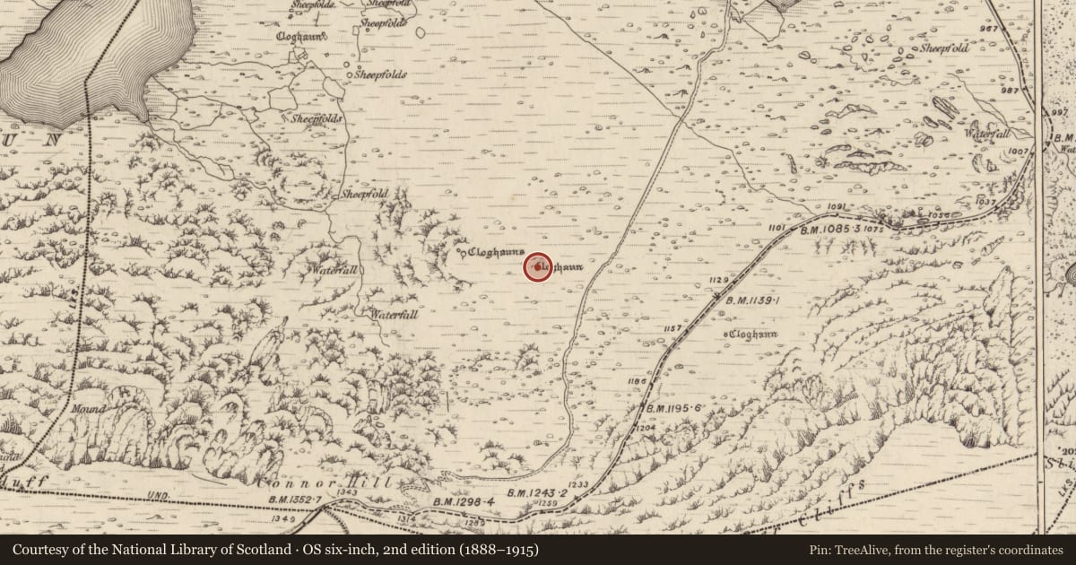 Ordnance Survey six-inch map, 2nd edition (1888–1915) covering the location of Clochan, Cloichearaí, County Kerry, with a pin at the register's coordinates