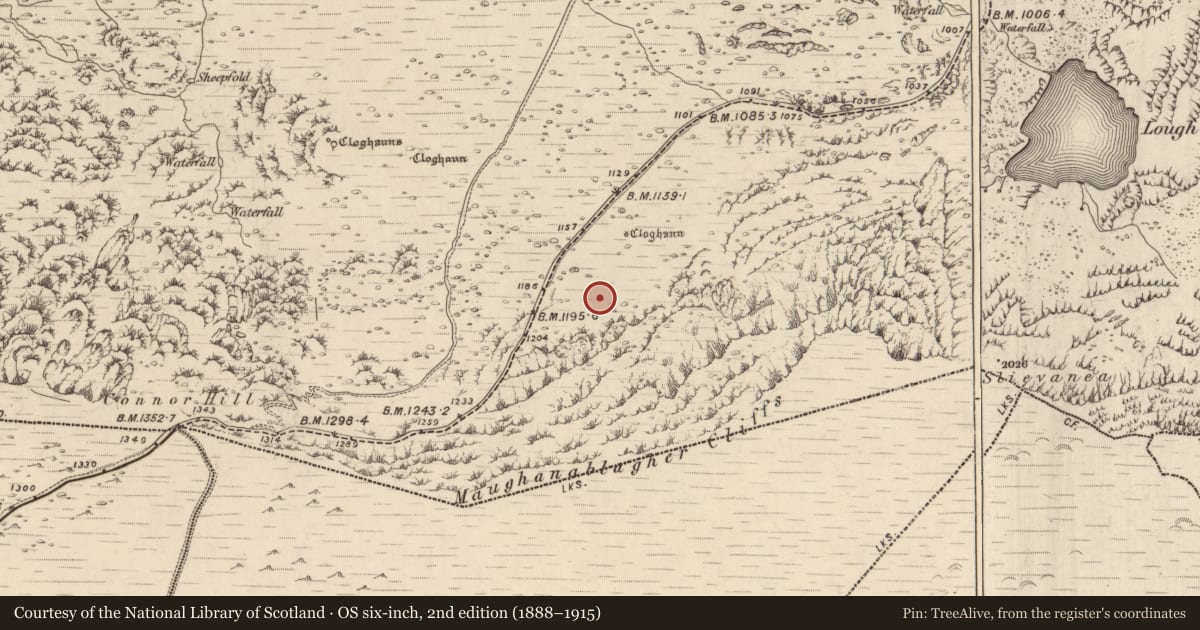 Ordnance Survey six-inch map, 2nd edition (1888–1915) covering the location of Clochan, Cloichearaí, County Kerry, with a pin at the register's coordinates