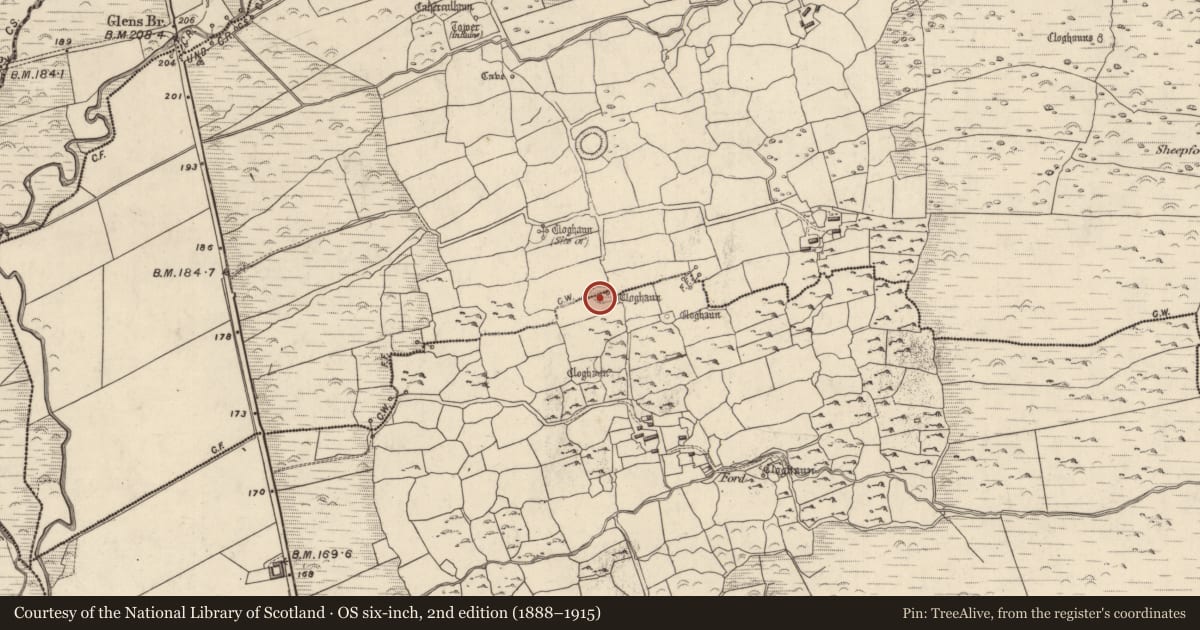 Ordnance Survey six-inch map, 2nd edition (1888–1915) covering the location of Clochan, Na Gleannta Theas, Na Gleannta Thuaidh, County Kerry, with a pin at the register's coordinates