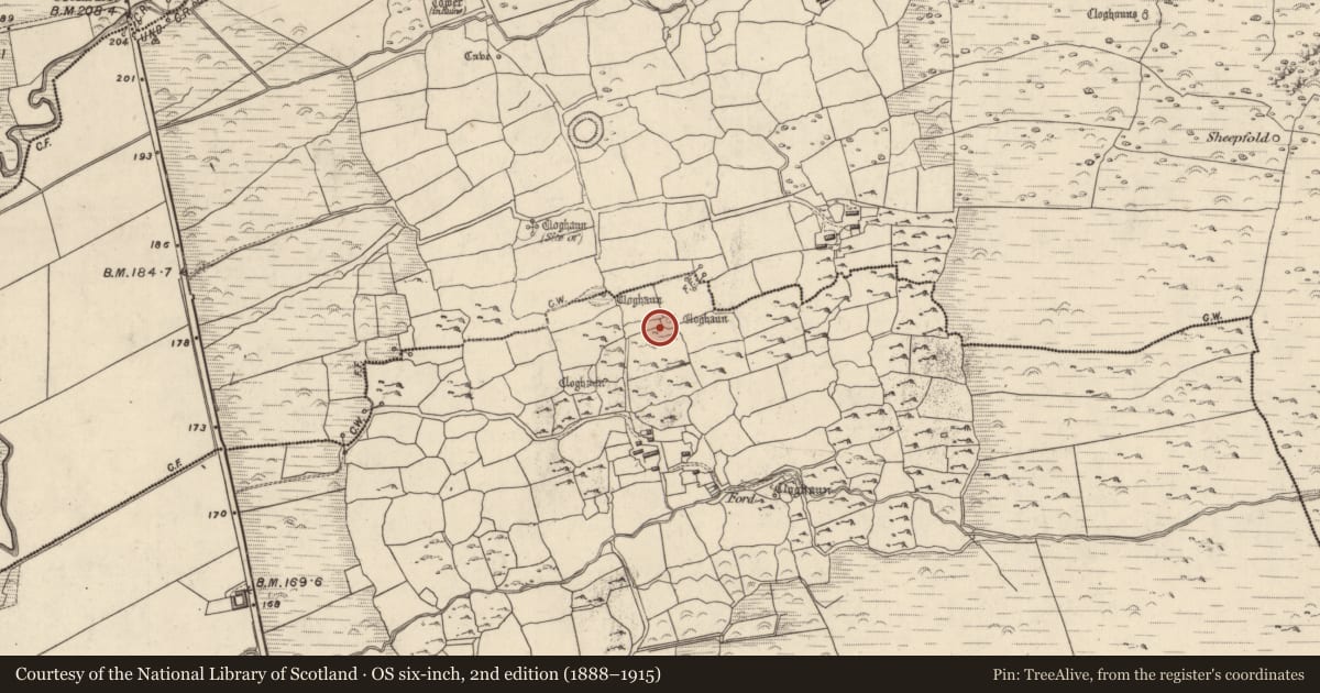 Ordnance Survey six-inch map, 2nd edition (1888–1915) covering the location of Clochan, Na Gleannta Theas, County Kerry, with a pin at the register's coordinates