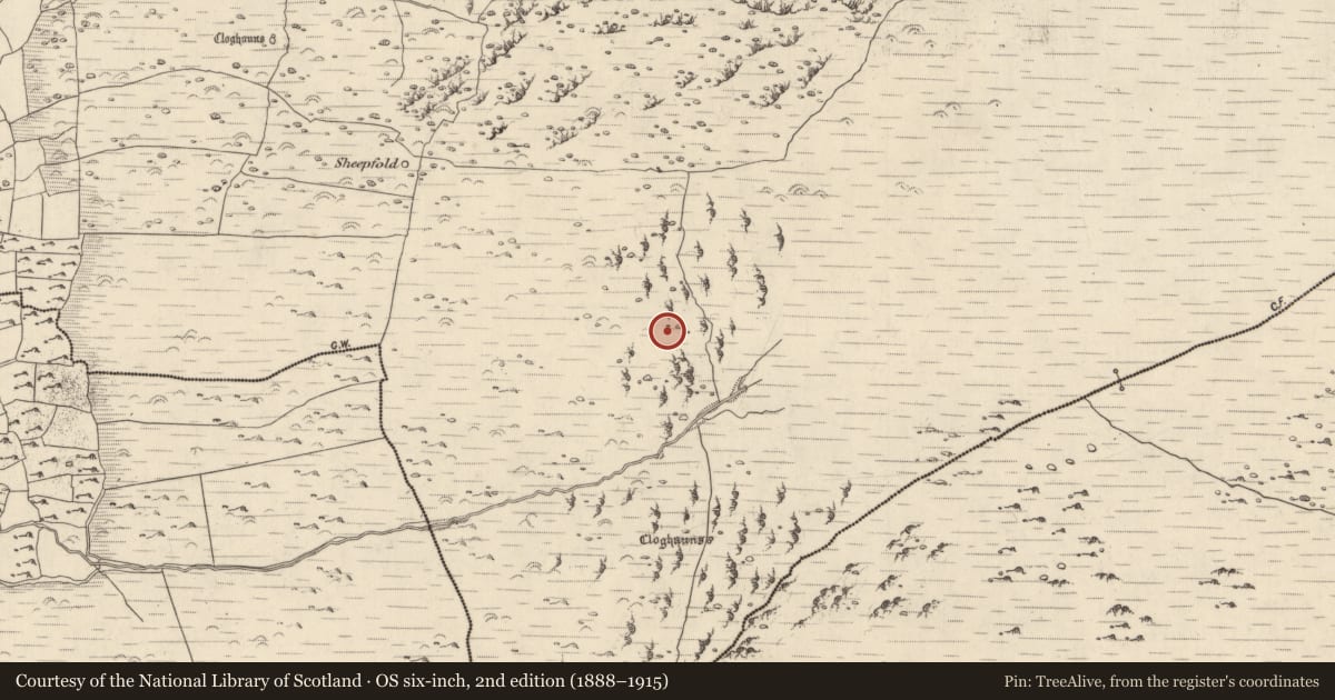 Ordnance Survey six-inch map, 2nd edition (1888–1915) covering the location of Clochan, Na Gleannta Thuaidh, County Kerry, with a pin at the register's coordinates