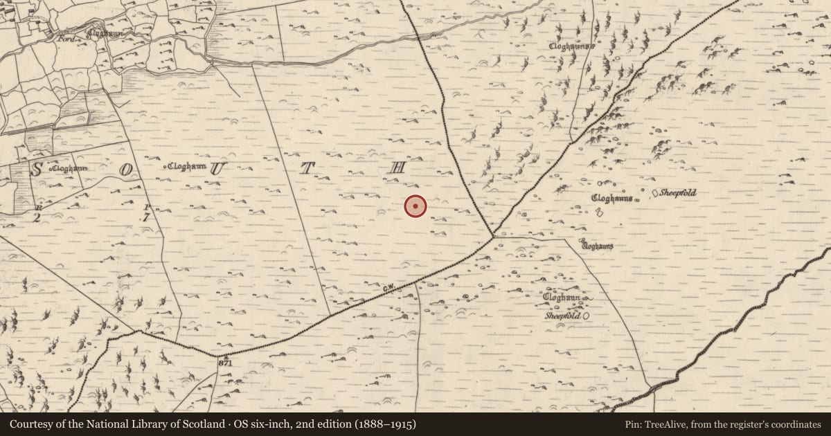 Ordnance Survey six-inch map, 2nd edition (1888–1915) covering the location of Clochan, Na Gleannta Theas, County Kerry, with a pin at the register's coordinates