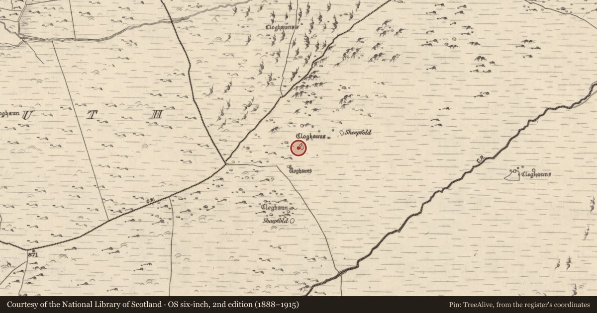 Ordnance Survey six-inch map, 2nd edition (1888–1915) covering the location of Hut site, Baile Uí Shé, County Kerry, with a pin at the register's coordinates