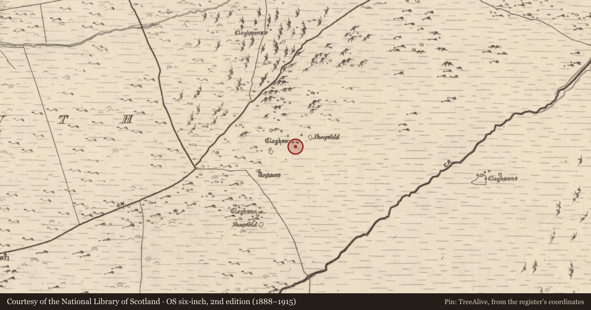 Ordnance Survey six-inch map, 2nd edition (1888–1915) covering the location of Hut site, Baile Uí Shé, County Kerry, with a pin at the register's coordinates