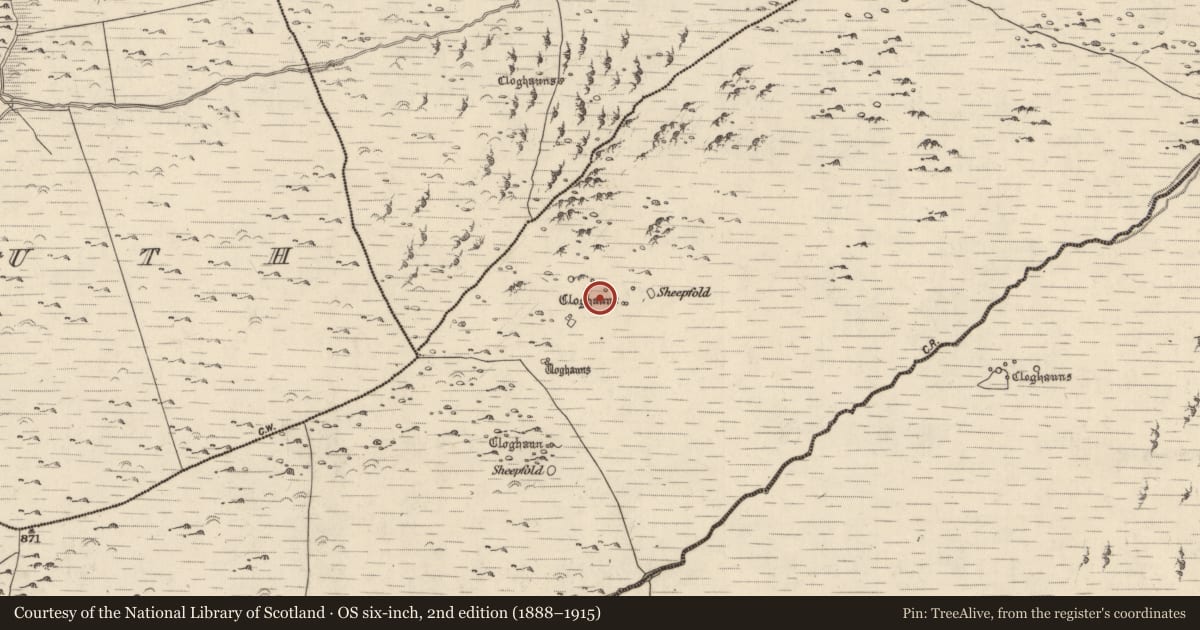 Ordnance Survey six-inch map, 2nd edition (1888–1915) covering the location of Hut site, Baile Uí Shé, County Kerry, with a pin at the register's coordinates