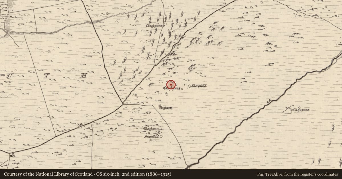 Ordnance Survey six-inch map, 2nd edition (1888–1915) covering the location of Hut site, Baile Uí Shé, County Kerry, with a pin at the register's coordinates
