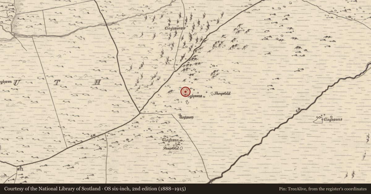 Ordnance Survey six-inch map, 2nd edition (1888–1915) covering the location of Hut site, Baile Uí Shé, County Kerry, with a pin at the register's coordinates