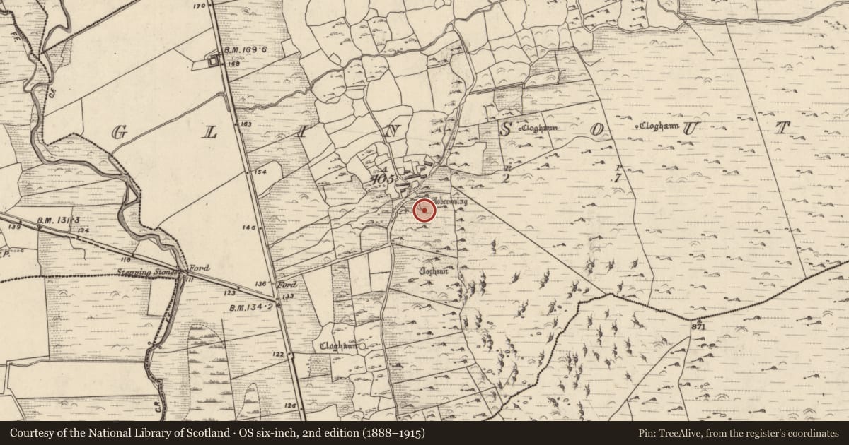 Ordnance Survey six-inch map, 2nd edition (1888–1915) covering the location of Cross-inscribed stone, Na Gleannta Theas, County Kerry, with a pin at the register's coordinates