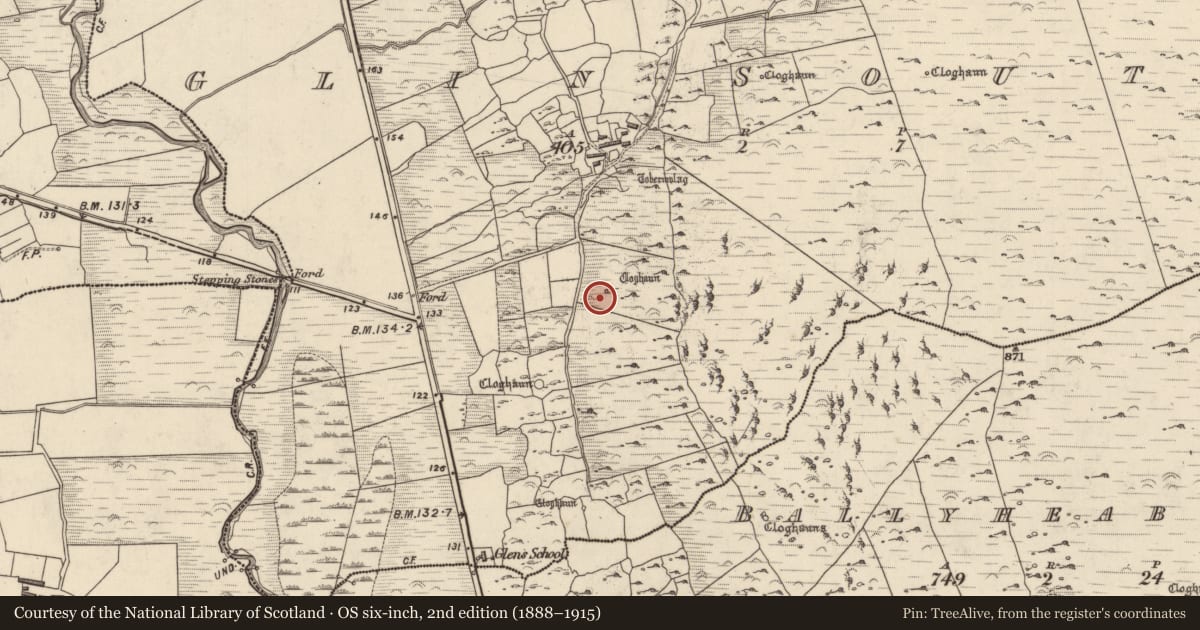 Ordnance Survey six-inch map, 2nd edition (1888–1915) covering the location of Hut site, Na Gleannta Theas, County Kerry, with a pin at the register's coordinates
