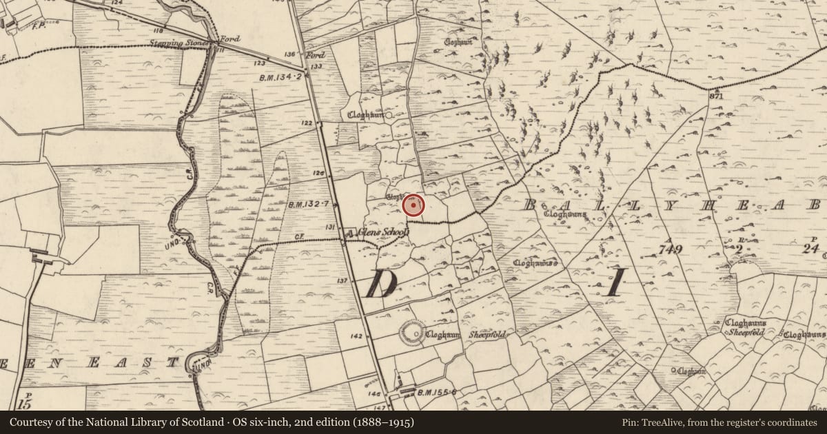 Ordnance Survey six-inch map, 2nd edition (1888–1915) covering the location of Clochan, Na Gleannta Theas, County Kerry, with a pin at the register's coordinates