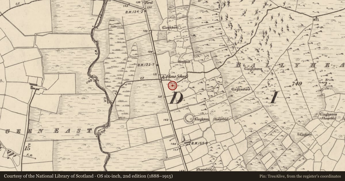 Ordnance Survey six-inch map, 2nd edition (1888–1915) covering the location of Clochan, Baile Uí Shé, County Kerry, with a pin at the register's coordinates