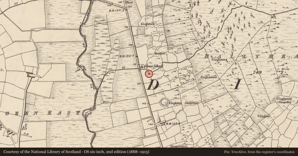 Ordnance Survey six-inch map, 2nd edition (1888–1915) covering the location of Clochan, Baile Uí Shé, County Kerry, with a pin at the register's coordinates