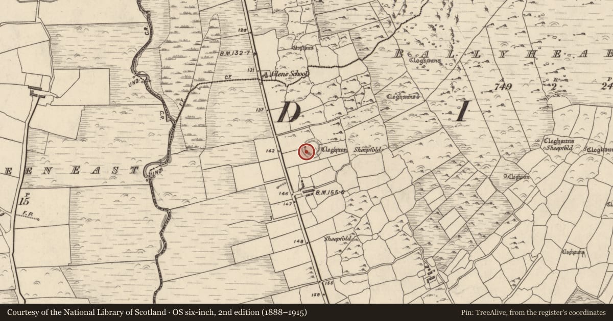 Ordnance Survey six-inch map, 2nd edition (1888–1915) covering the location of Hut site, Baile Uí Shé, County Kerry, with a pin at the register's coordinates