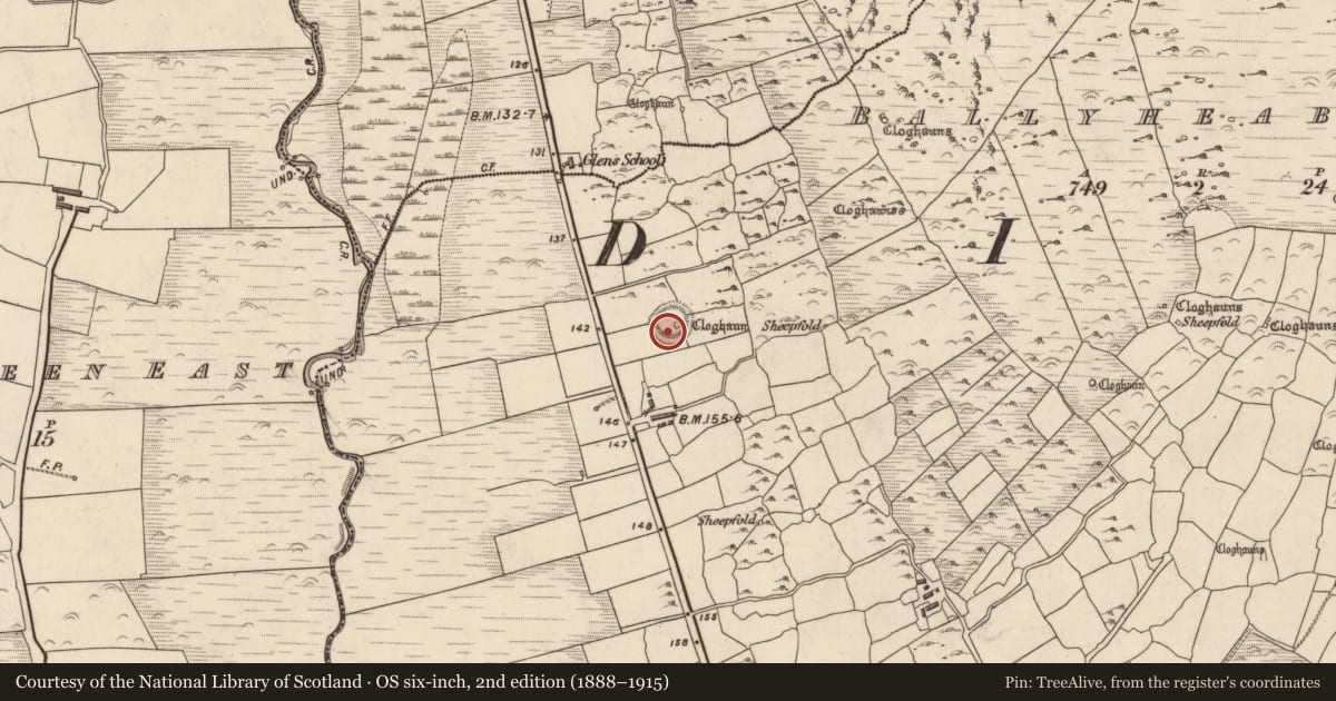 Ordnance Survey six-inch map, 2nd edition (1888–1915) covering the location of Clochan, Baile Uí Shé, County Kerry, with a pin at the register's coordinates