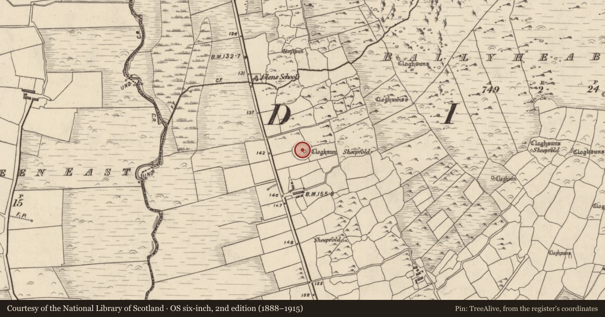 Ordnance Survey six-inch map, 2nd edition (1888–1915) covering the location of Hut site, Baile Uí Shé, County Kerry, with a pin at the register's coordinates