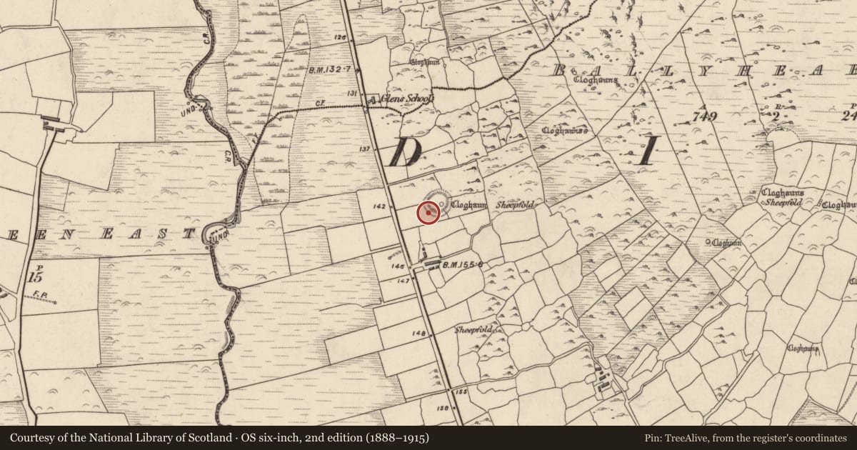 Ordnance Survey six-inch map, 2nd edition (1888–1915) covering the location of Hut site, Baile Uí Shé, County Kerry, with a pin at the register's coordinates