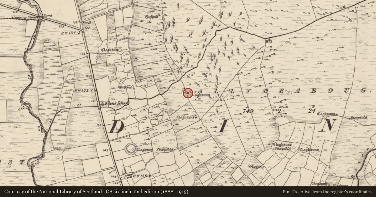 Ordnance Survey six-inch map, 2nd edition (1888–1915) covering the location of Hut site, Baile Uí Shé, County Kerry, with a pin at the register's coordinates
