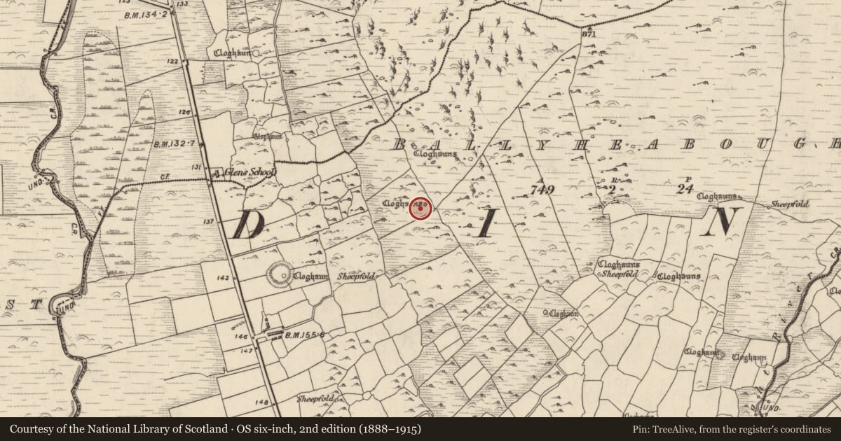 Ordnance Survey six-inch map, 2nd edition (1888–1915) covering the location of Hut site, Baile Uí Shé, County Kerry, with a pin at the register's coordinates