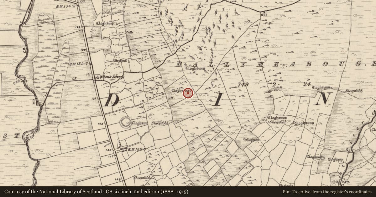 Ordnance Survey six-inch map, 2nd edition (1888–1915) covering the location of Hut site, Baile Uí Shé, County Kerry, with a pin at the register's coordinates