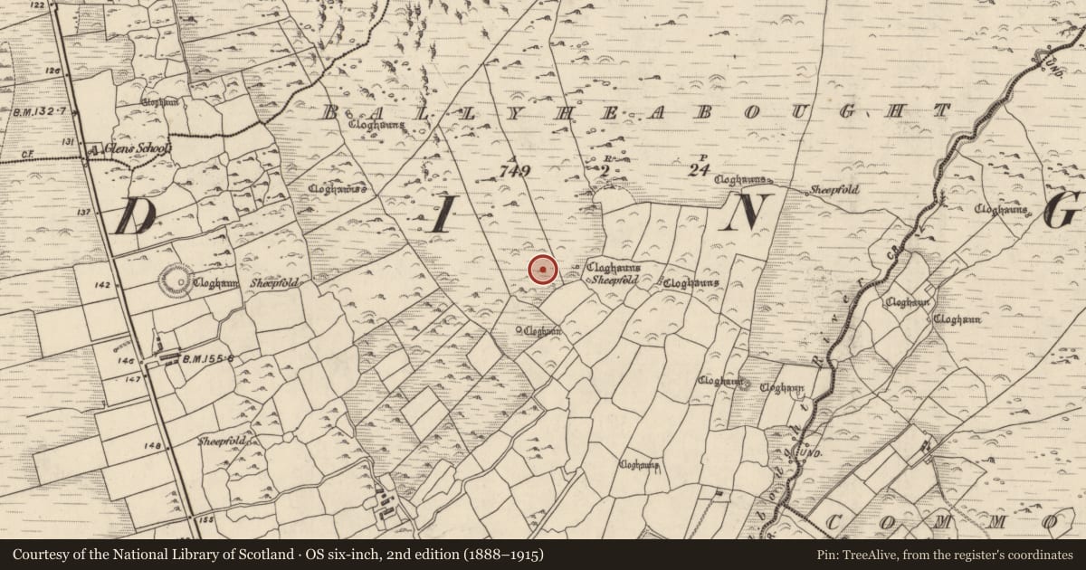 Ordnance Survey six-inch map, 2nd edition (1888–1915) covering the location of Hut site, Baile Uí Shé, County Kerry, with a pin at the register's coordinates