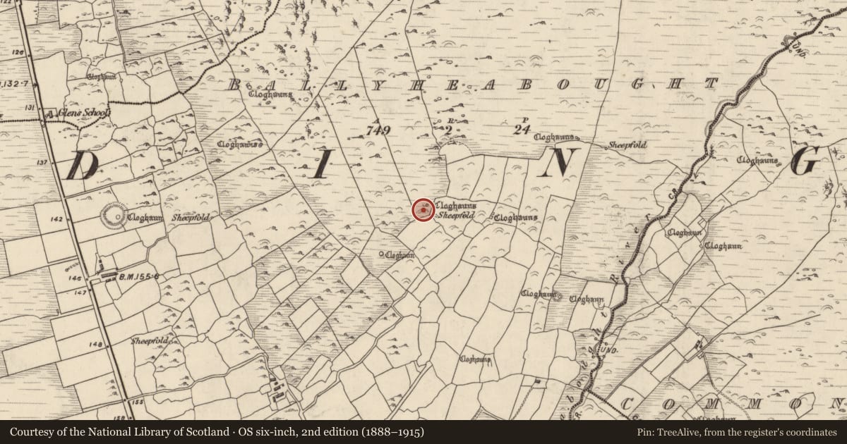 Ordnance Survey six-inch map, 2nd edition (1888–1915) covering the location of Hut site, Baile Uí Shé, County Kerry, with a pin at the register's coordinates