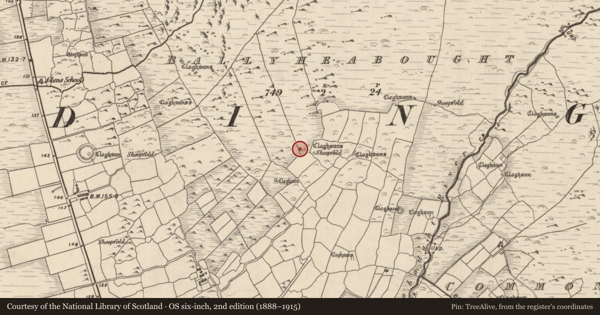 Ordnance Survey six-inch map, 2nd edition (1888–1915) covering the location of Hut site, Baile Uí Shé, County Kerry, with a pin at the register's coordinates