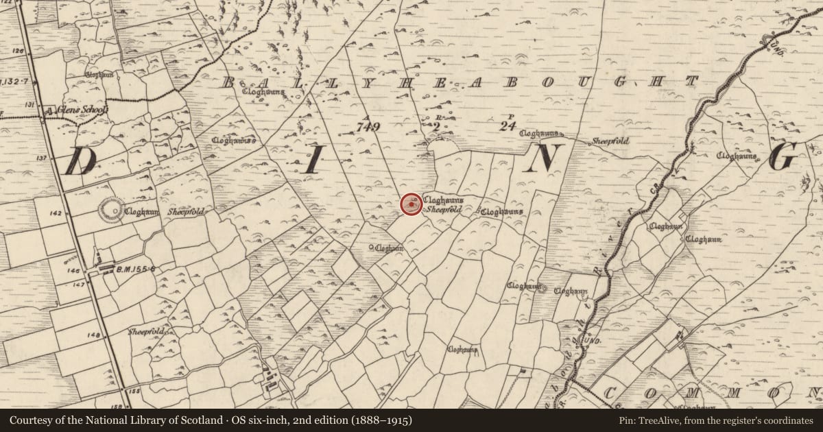 Ordnance Survey six-inch map, 2nd edition (1888–1915) covering the location of Souterrain, Baile Uí Shé, County Kerry, with a pin at the register's coordinates