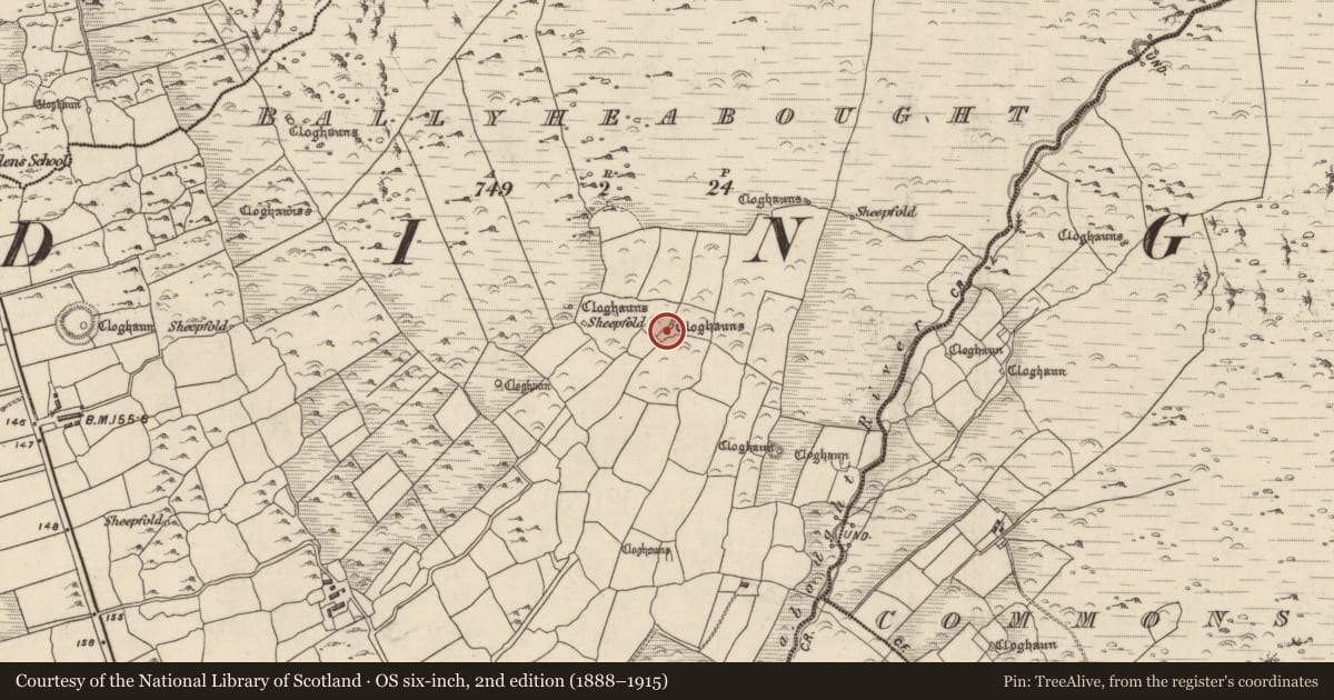Ordnance Survey six-inch map, 2nd edition (1888–1915) covering the location of Hut site, Baile Uí Shé, County Kerry, with a pin at the register's coordinates