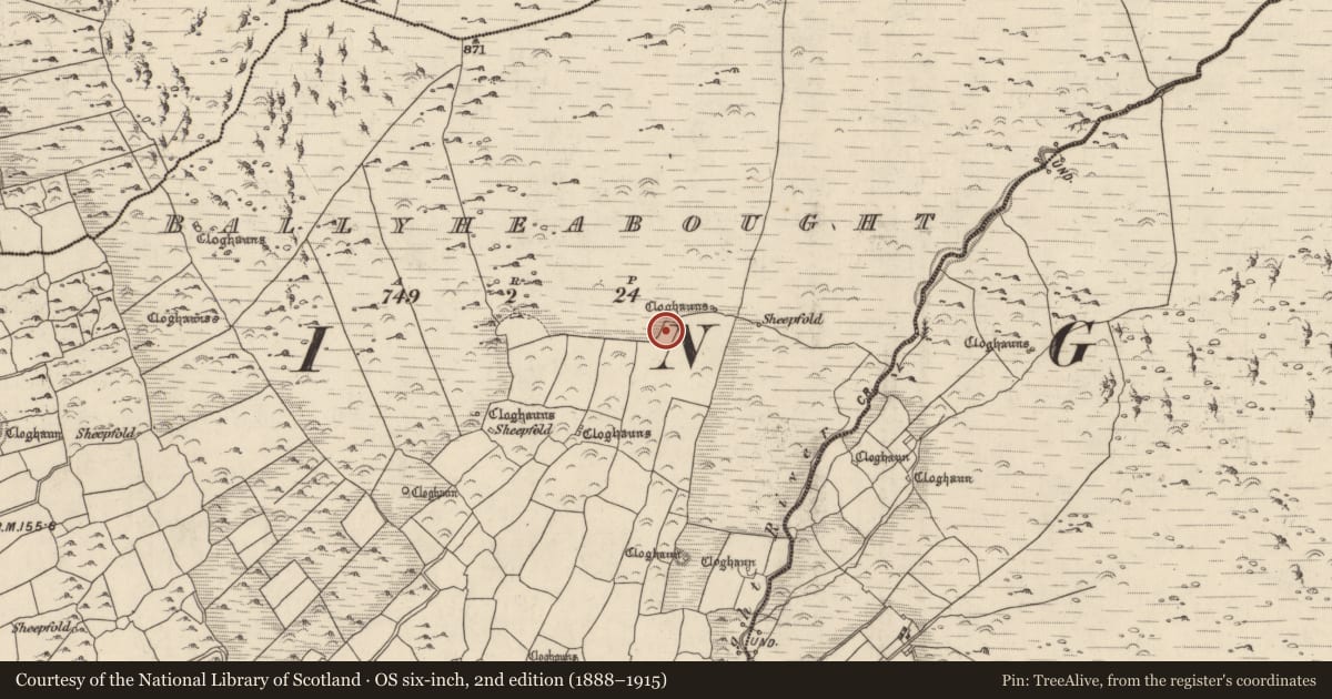 Ordnance Survey six-inch map, 2nd edition (1888–1915) covering the location of Hut site, Baile Uí Shé, County Kerry, with a pin at the register's coordinates