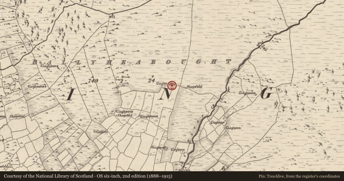Ordnance Survey six-inch map, 2nd edition (1888–1915) covering the location of Hut site, Baile Uí Shé, County Kerry, with a pin at the register's coordinates