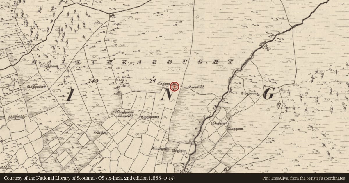 Ordnance Survey six-inch map, 2nd edition (1888–1915) covering the location of Hut site, Baile Uí Shé, County Kerry, with a pin at the register's coordinates