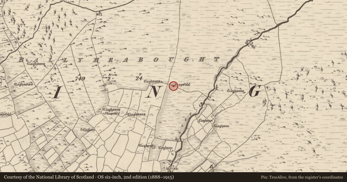 Ordnance Survey six-inch map, 2nd edition (1888–1915) covering the location of Clochan, Baile Uí Shé, County Kerry, with a pin at the register's coordinates