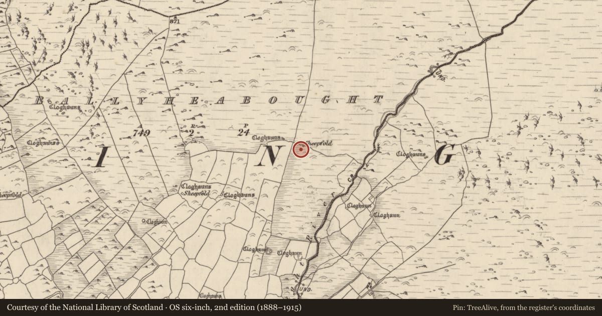 Ordnance Survey six-inch map, 2nd edition (1888–1915) covering the location of Hut site, Baile Uí Shé, County Kerry, with a pin at the register's coordinates