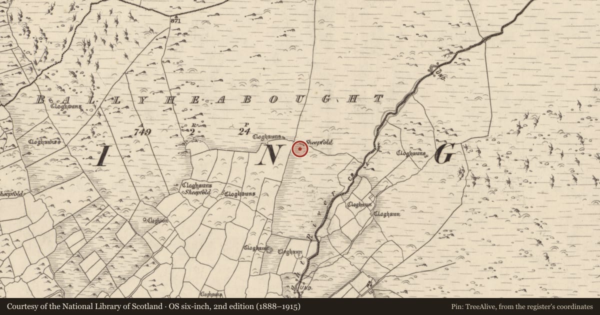 Ordnance Survey six-inch map, 2nd edition (1888–1915) covering the location of Hut site, Baile Uí Shé, County Kerry, with a pin at the register's coordinates