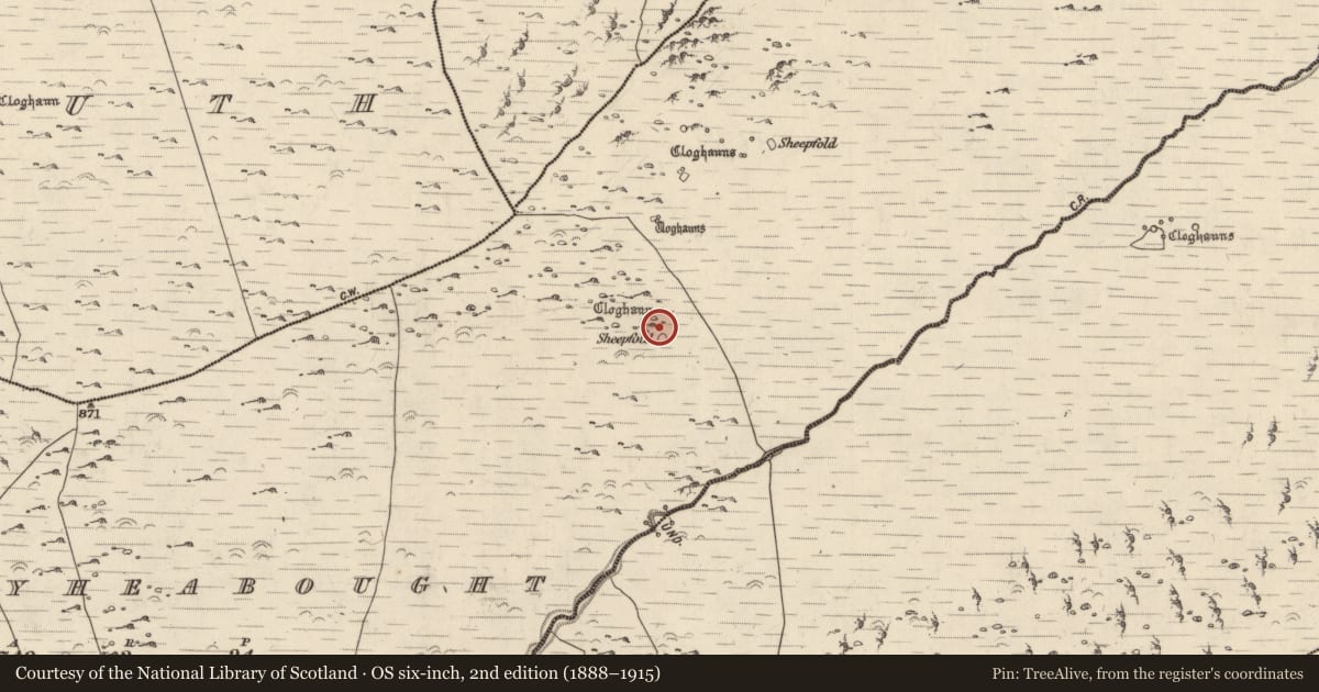 Ordnance Survey six-inch map, 2nd edition (1888–1915) covering the location of Hut site, Baile Uí Shé, County Kerry, with a pin at the register's coordinates