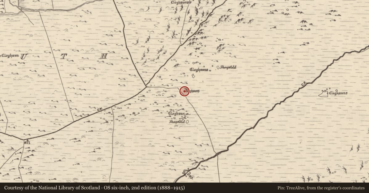 Ordnance Survey six-inch map, 2nd edition (1888–1915) covering the location of Hut site, Baile Uí Shé, County Kerry, with a pin at the register's coordinates