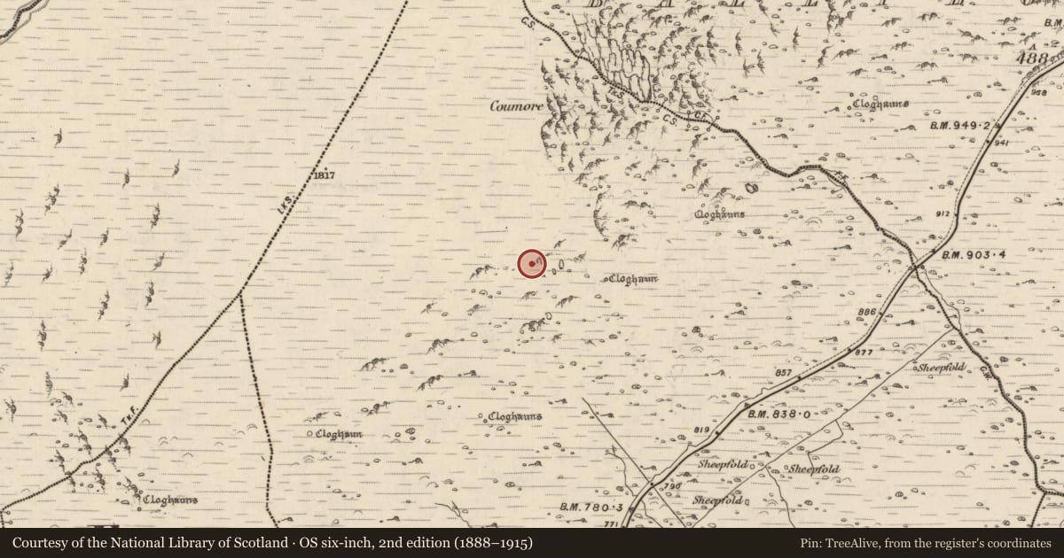 Ordnance Survey six-inch map, 2nd edition (1888–1915) covering the location of Hut site, Com An Bhúlaeraigh, County Kerry, with a pin at the register's coordinates