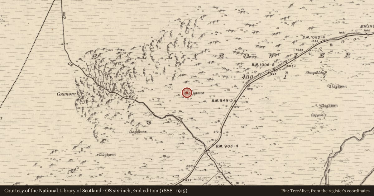 Ordnance Survey six-inch map, 2nd edition (1888–1915) covering the location of Hut site, Baile An Bhúlaeraigh Thuaidh, County Kerry, with a pin at the register's coordinates