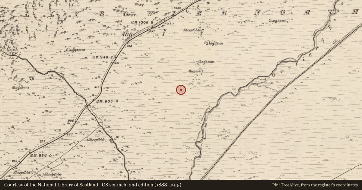 Ordnance Survey six-inch map, 2nd edition (1888–1915) covering the location of Clochan, Baile An Bhúlaeraigh Thuaidh, County Kerry, with a pin at the register's coordinates
