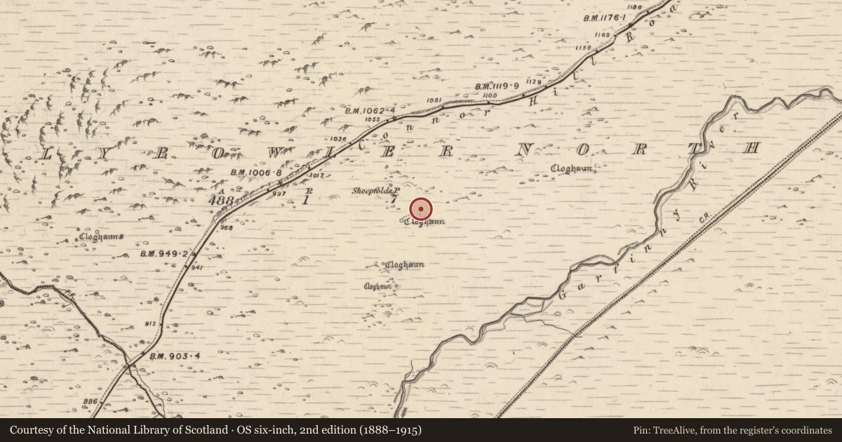 Ordnance Survey six-inch map, 2nd edition (1888–1915) covering the location of Clochan, Baile An Bhúlaeraigh Thuaidh, County Kerry, with a pin at the register's coordinates
