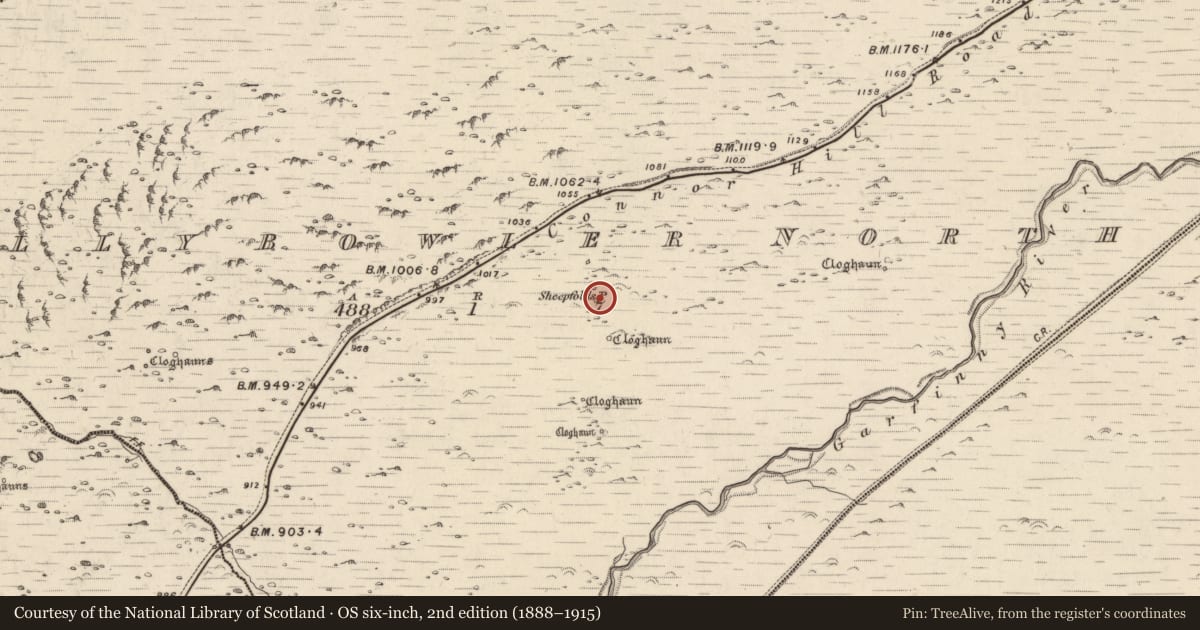 Ordnance Survey six-inch map, 2nd edition (1888–1915) covering the location of Clochan, Baile An Bhúlaeraigh Thuaidh, County Kerry, with a pin at the register's coordinates