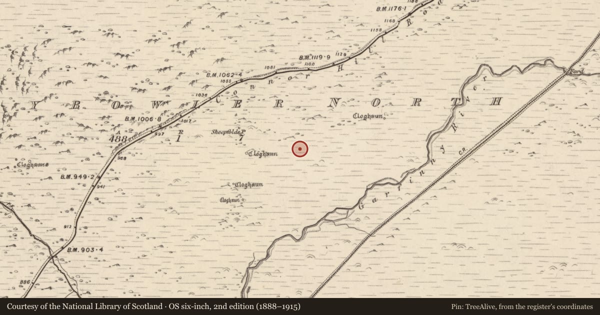 Ordnance Survey six-inch map, 2nd edition (1888–1915) covering the location of Clochan, Baile An Bhúlaeraigh Thuaidh, County Kerry, with a pin at the register's coordinates